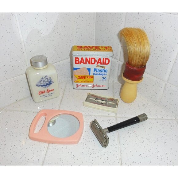 Vintage Shaving & First Aid Bathroom Lot razor celluloid shaving brush band-aid - Picture 1 of 15